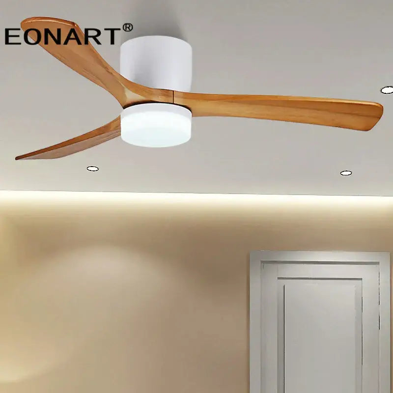 Eonart modern black and white wooden led dc ceiling fan with three light wood blades and white cylindrical housing for bedroom use