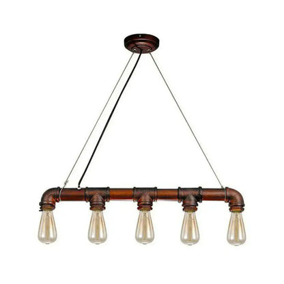 DecorBites™ industrial-style copper pendant light with five exposed filament bulbs and steampunk straight pipe design