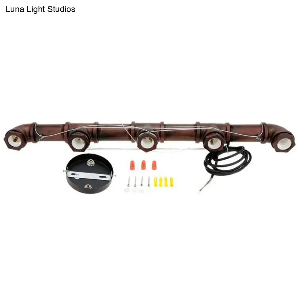 Brown faux-pipe steampunk straight pipe ceiling lamp with four integrated bulbs and mounting hardware for industrial decor