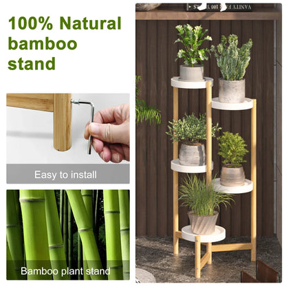 Decorbites™ 5-tier bamboo plant stand with light natural bamboo frame and three white circular shelves for indoor use