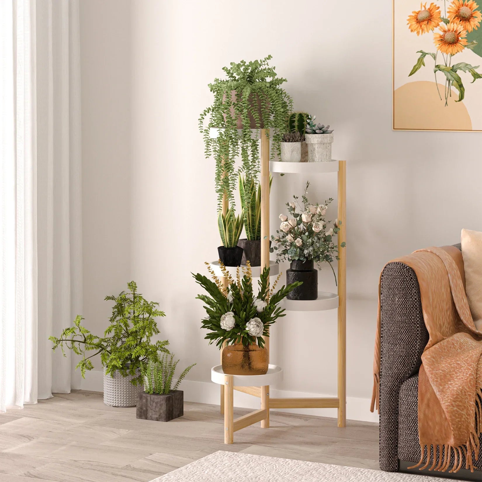 Decorbites 5-tier bamboo plant stand with light wood finish and white circular shelves for indoor and outdoor use