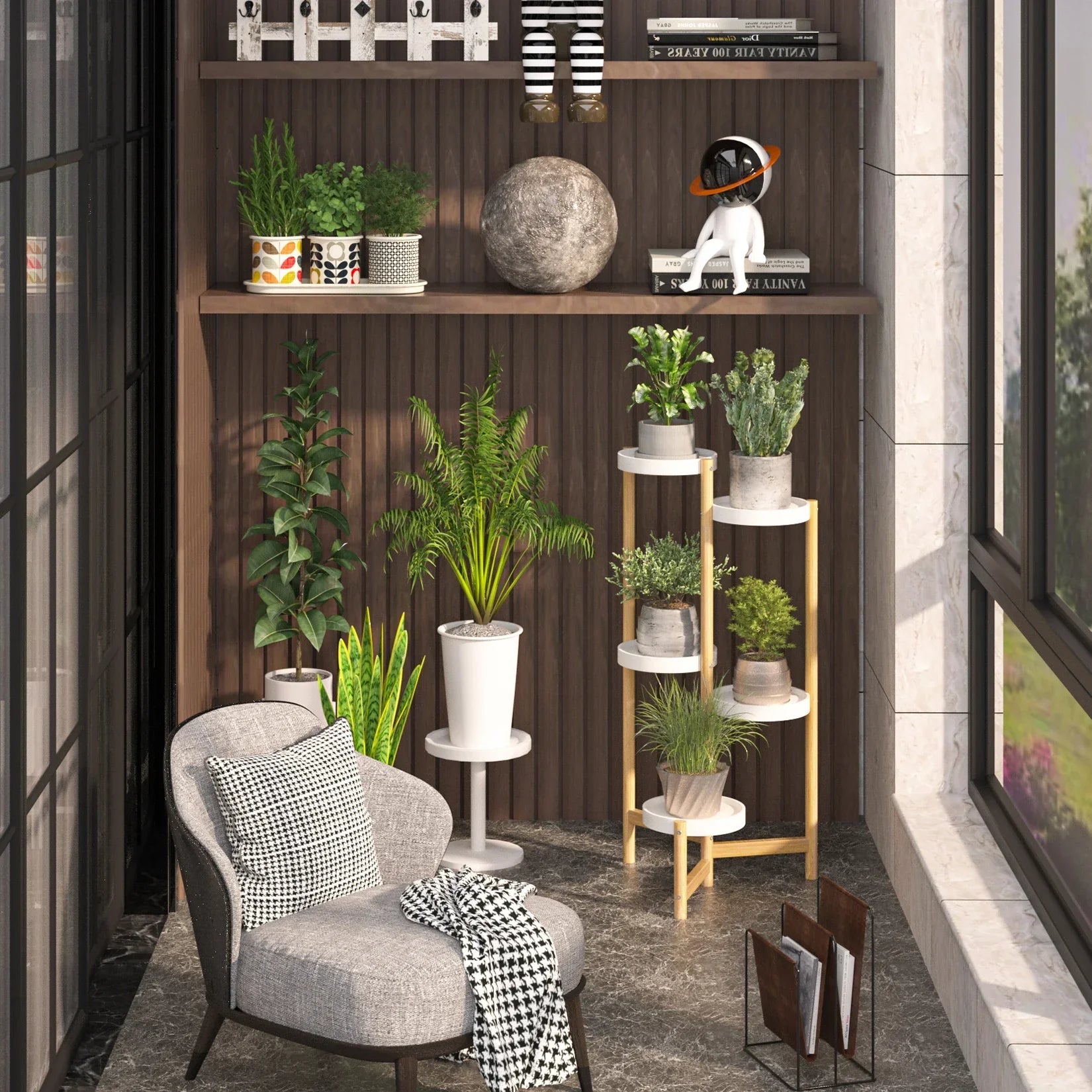 Decorbites™ 5-tier bamboo plant stand with white circular shelves and light wood legs holding green potted plants