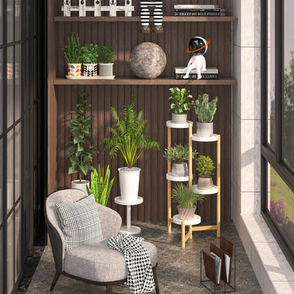 Decorbites™ 5-tier bamboo plant stand with white circular shelves and light wood legs holding green potted plants