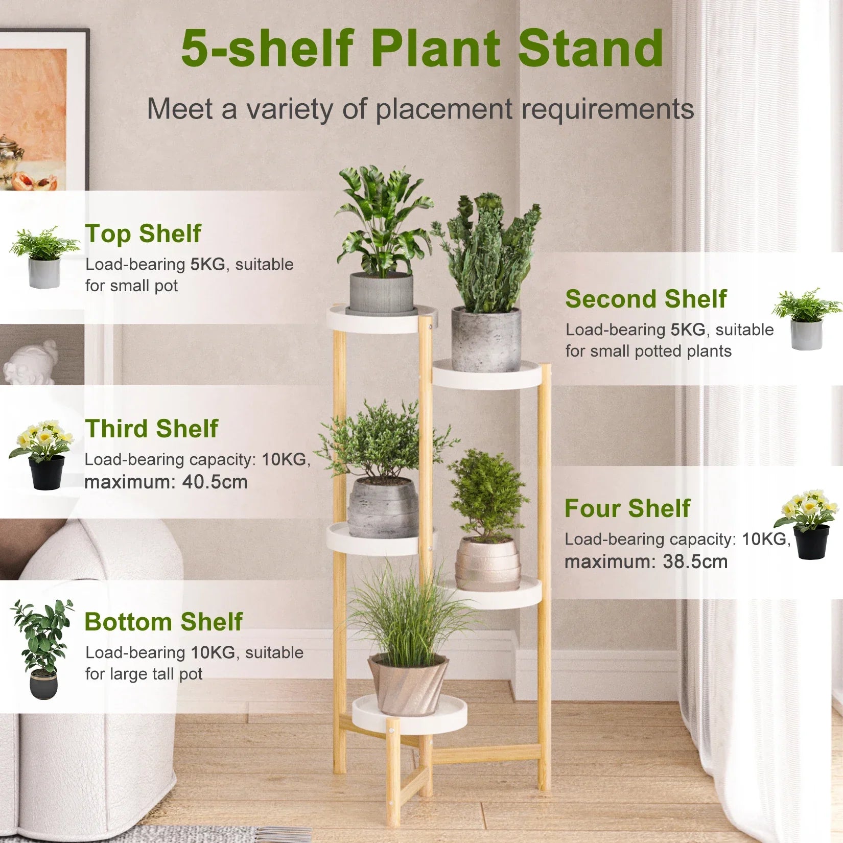 Decorbites 5-tier bamboo plant stand with light wood legs and white shelves for indoor and outdoor use