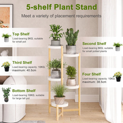 Decorbites 5-tier bamboo plant stand with light wood legs and white shelves for indoor and outdoor use