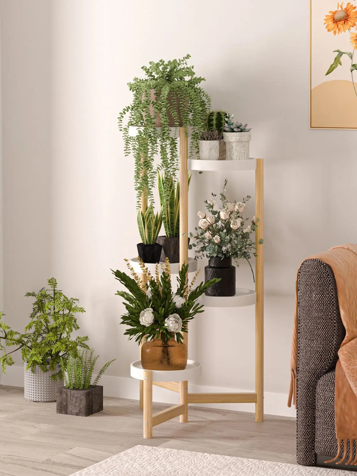 DecorBites™ 5-tier bamboo plant stand with white shelves and minimalist design for indoor and outdoor use