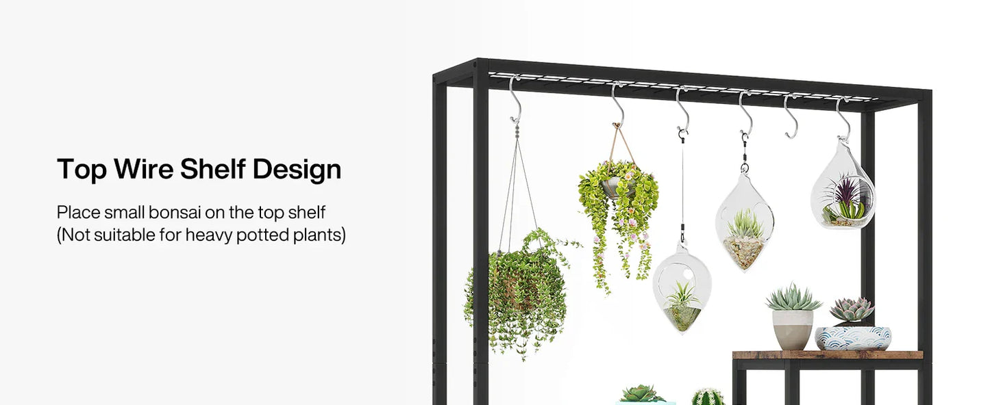 Black metal wire 5-tier tall plant stand with hanging hooks displaying glass terrariums and potted succulents