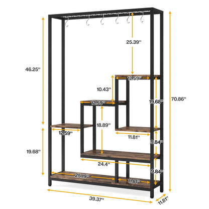 Black metal frame 5-tier tall plant stand with rustic wood shelves and hanging hooks for multi-level storage