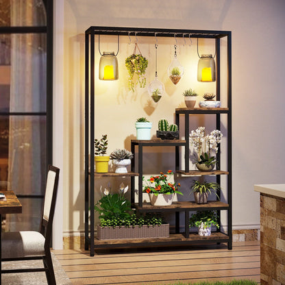 DecorBites™ 5-tier tall metal plant stand with wood shelves and hanging hooks displaying glass lanterns