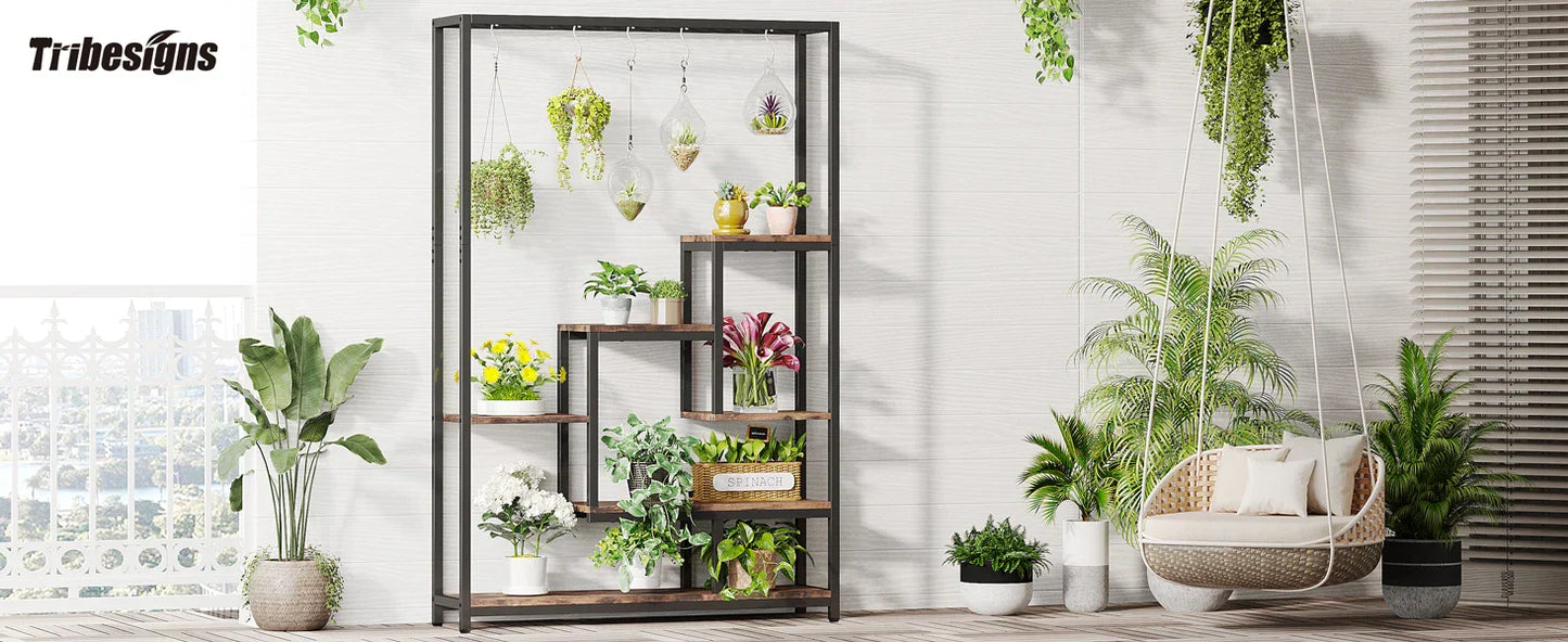 DecorBites™ 5-tier tall black metal and wood plant stand with multiple shelves and hanging hooks displaying potted plants