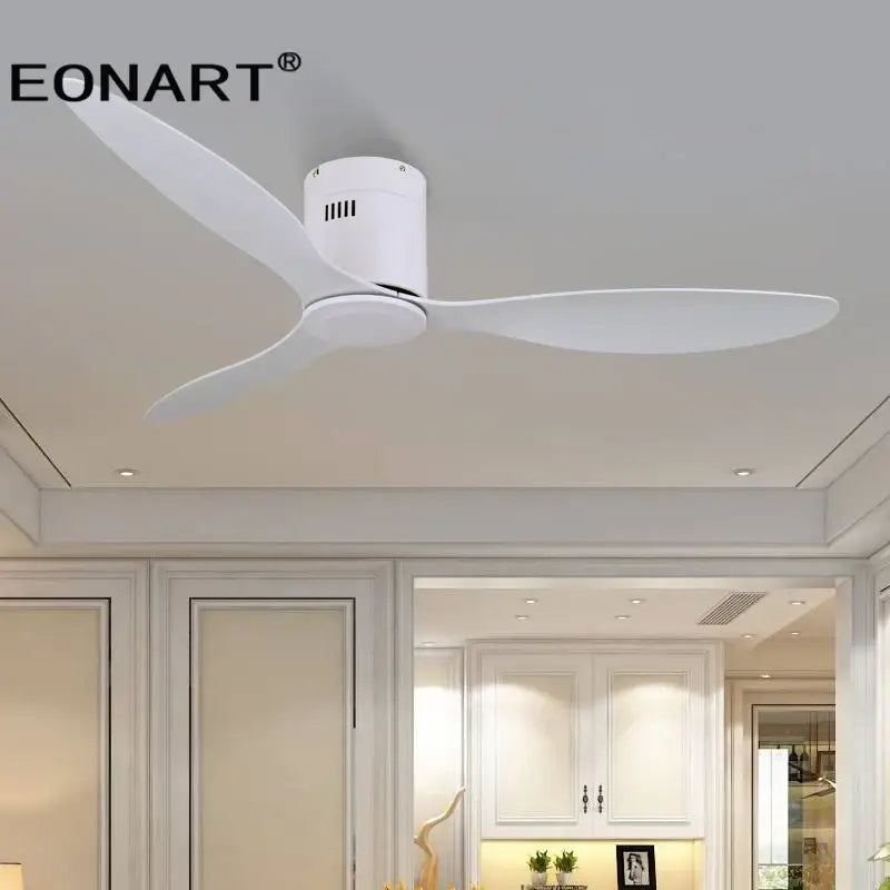 Modern black and white dc ceiling fan with remote control featuring sleek white eonart blades and minimalist design