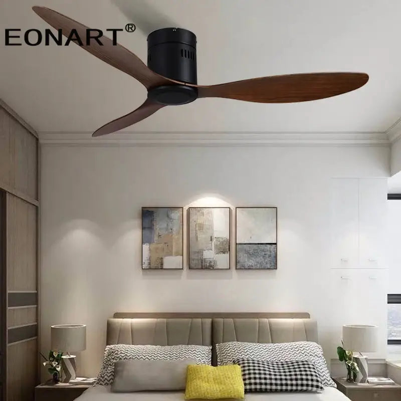 Eonart modern black dc ceiling fan with three dark wood blades and remote control for bedroom use