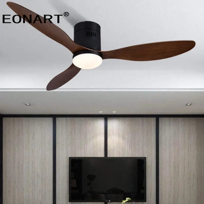 Eonart ceiling fan with three dark brown wooden blades and black dc ceiling housing with integrated light and remote control