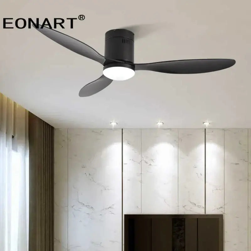 Modern black dc ceiling fan with three sleek blades integrated led lighting and remote control for bedroom use