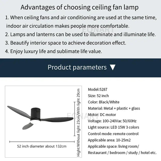 Modern black and white 52-inch ceiling fan lamp with metal plastic glass construction and remote control for bedroom use