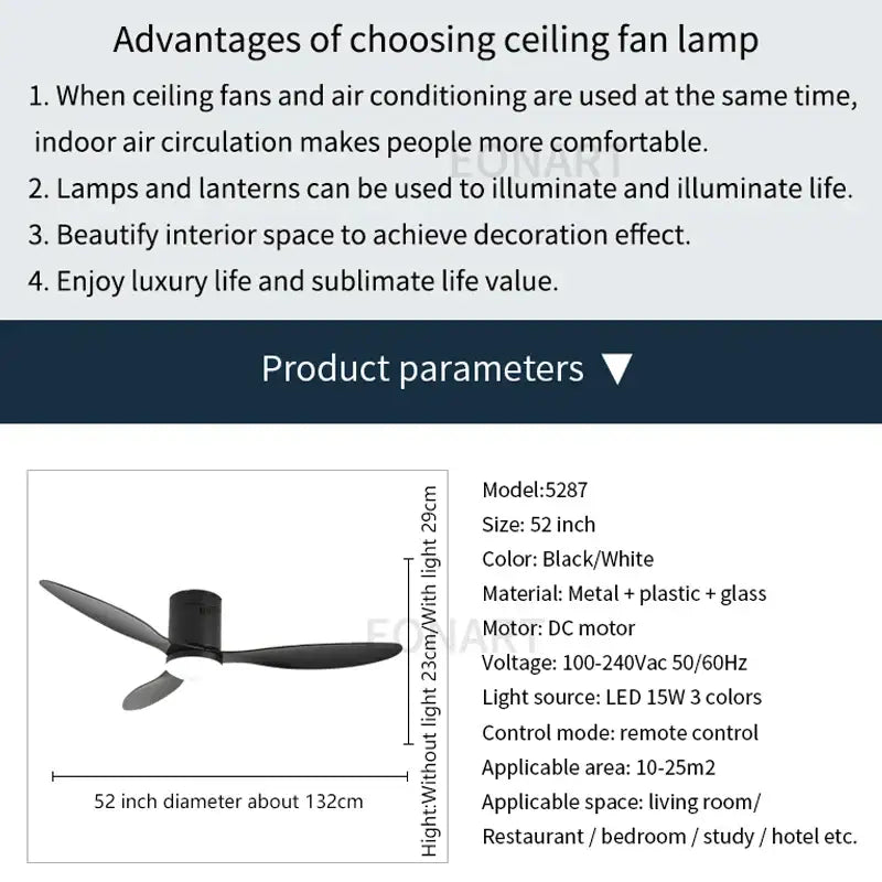 Modern black and white 52-inch ceiling fan lamp with metal plastic glass construction and remote control for bedroom use