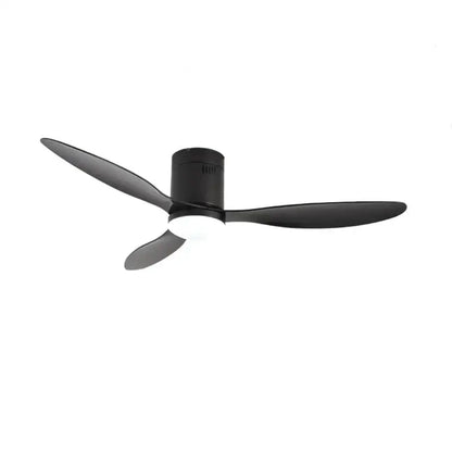 Modern black dc ceiling fan with three sleek blades and integrated light fixture with remote control for bedroom use