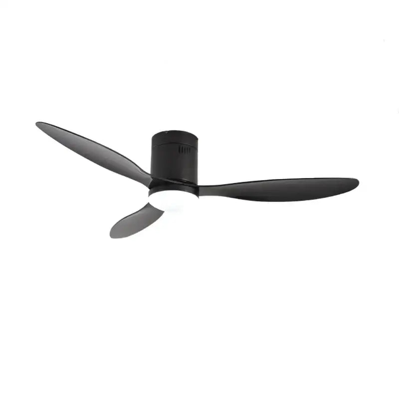 Modern black dc ceiling fan with three sleek blades and integrated light fixture with remote control for bedroom use