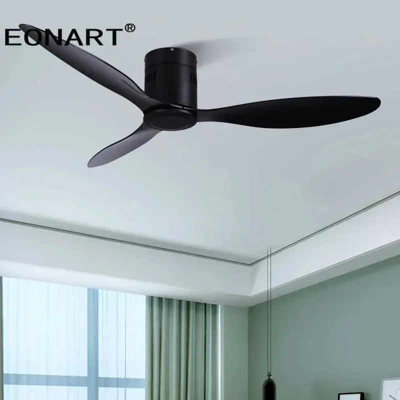 Modern black dc ceiling fan with sleek blades and remote control designed for bedroom use with minimalist design