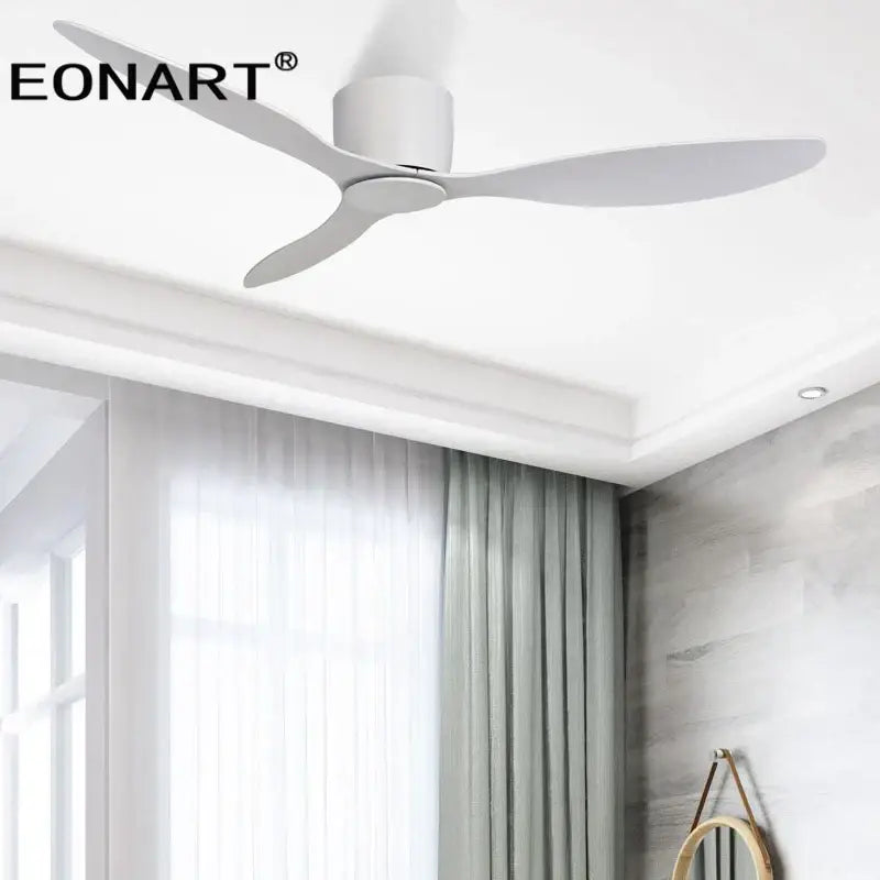 Modern black and white ceiling fan with sleek blades, led light, and remote control for living room use