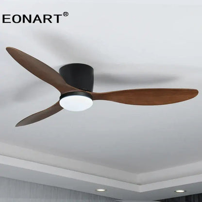 Eonart modern black ceiling fan with three dark brown wooden blades and integrated led light with remote control