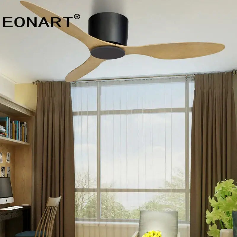 Eonart ceiling fan with three light wood blades and matte black housing featuring led light and remote control for living room