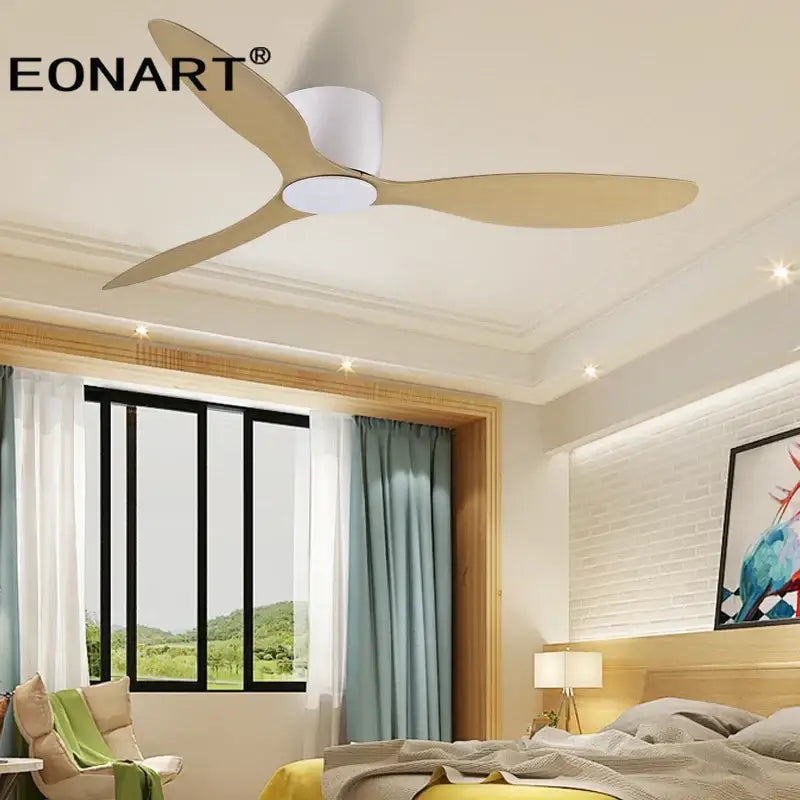 Eonart ceiling fan with three light beige blades, white housing, led light, and remote control for living room use