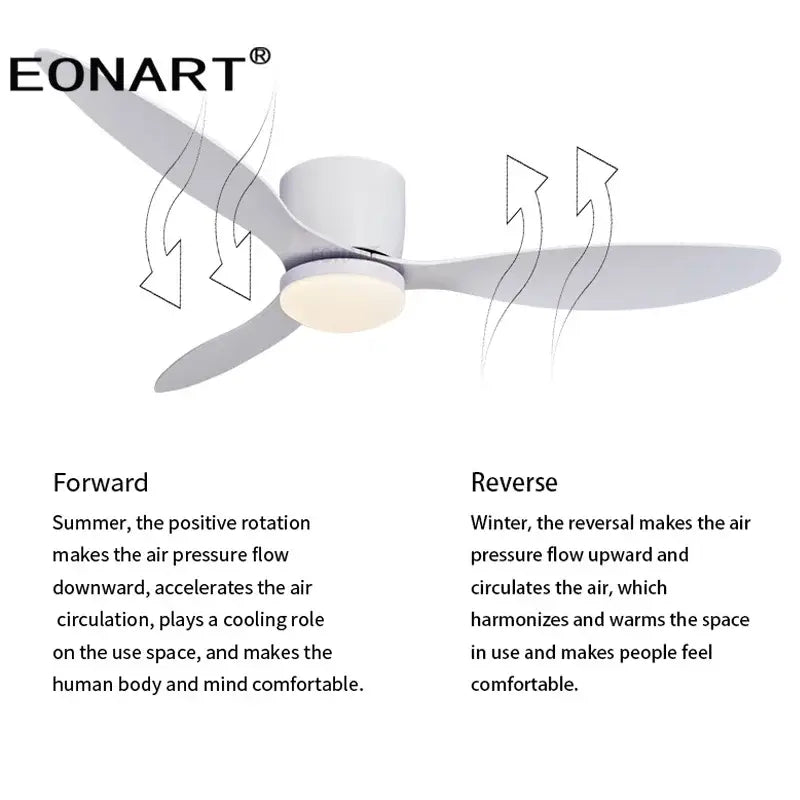 Modern black and white ceiling fan with three sleek blades remote control and integrated led light for living room use