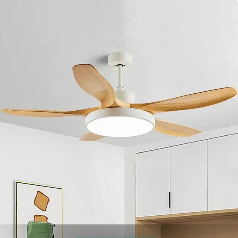 Modern ceiling fan light with five light wood blades white central housing and integrated circular led light for living room