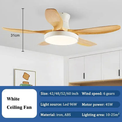 Modern white ceiling fan light with wooden blades and circular led fixture perfect for living room use