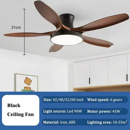 Modern ceiling fan with five dark wood blades and central led fan light with remote control for living room use