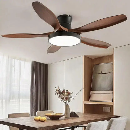 Modern ceiling fan light with five dark brown wooden blades and integrated LED for living room use with remote control