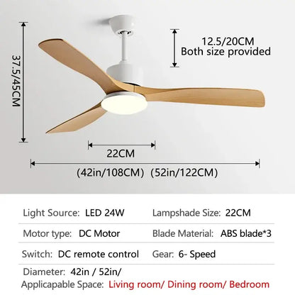 Modern dark bronze ceiling fan with three light wood blades and integrated led light with remote control for bedrooms
