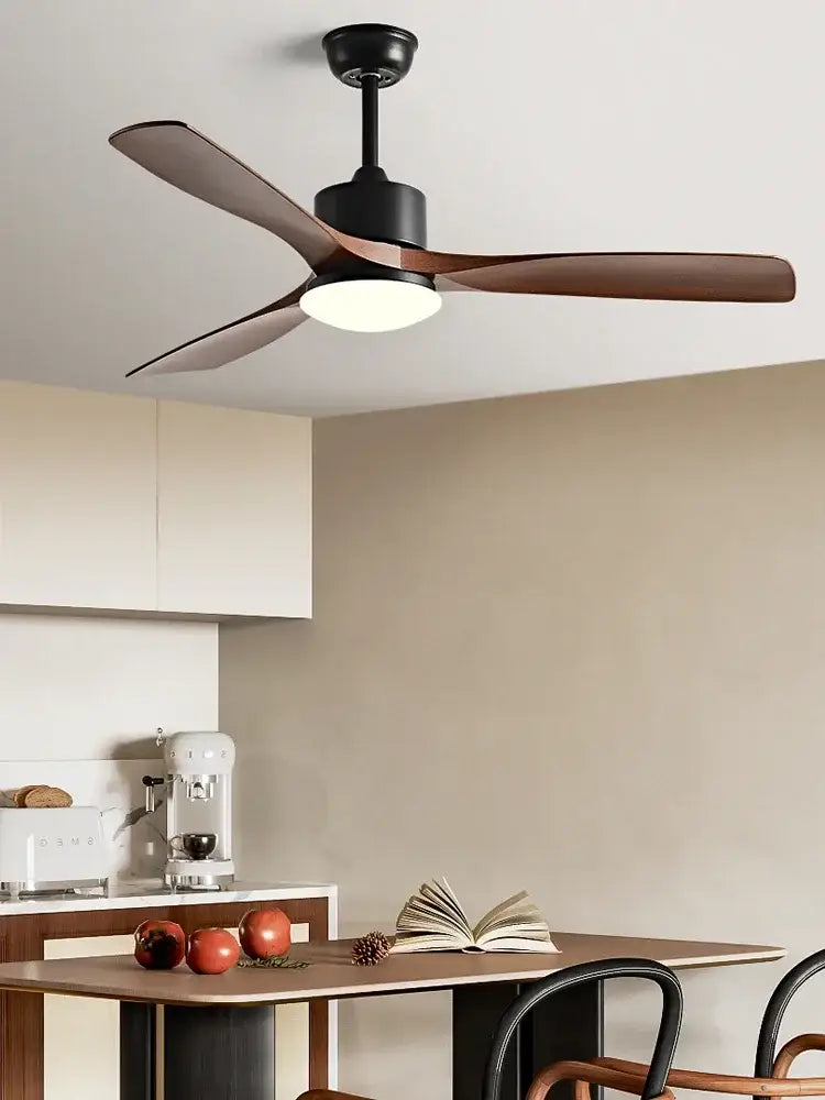Modern dark bronze ceiling fan with three dark wood blades led light and remote control for bedroom use