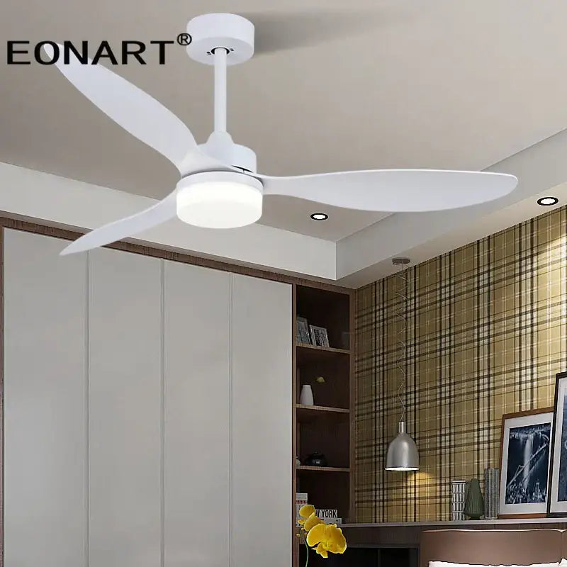 Modern white eonart ceiling fan with integrated led light featuring remote control and plastic blade ceiling design