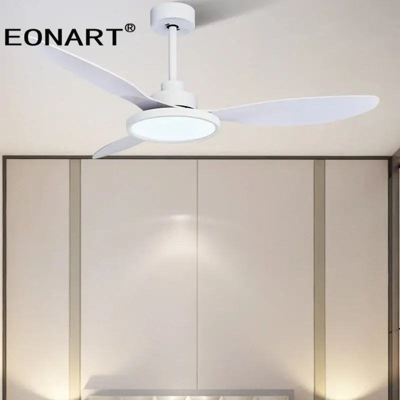 Modern black and dark brown ceiling fan with remote control and white plastic blade ceiling fan with integrated led lighting