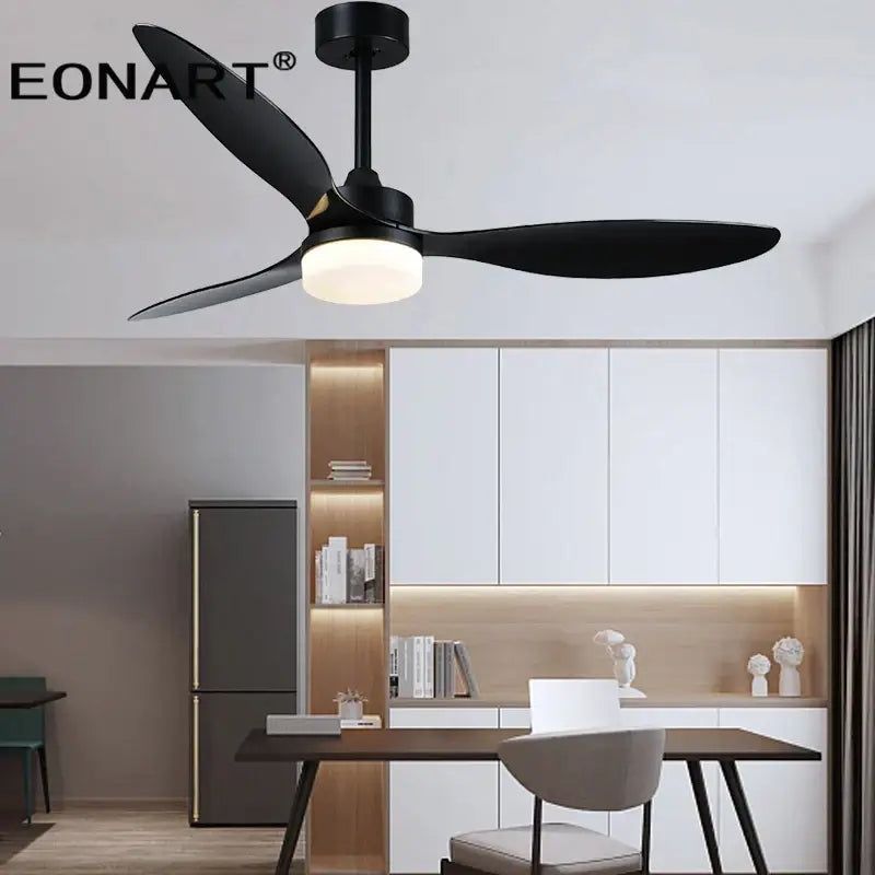 Modern black and dark brown ceiling fan with sleek plastic blades, integrated lighting, and remote control for bedroom use
