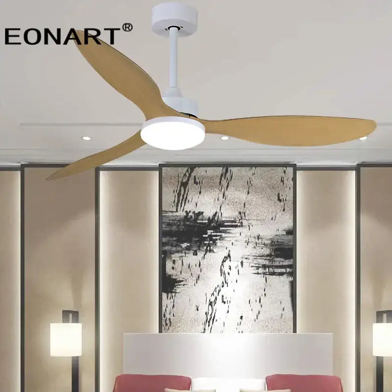 Eonart ceiling fan with three light wood plastic blades and white housing featuring integrated led light and remote control