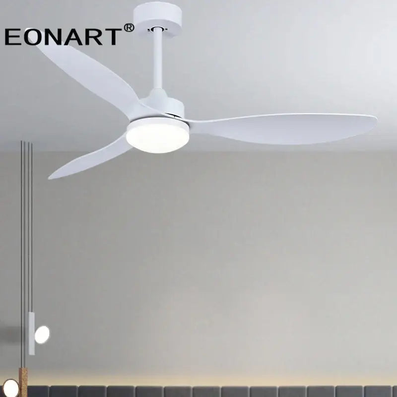 Modern black and dark brown ceiling fan with remote control and plastic blade ceiling featuring sleek white eonart blades