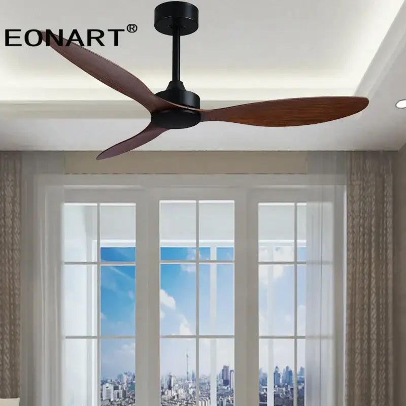 Modern black ceiling fan with three wooden blades and remote control for bedroom use with plastic blade ceiling design