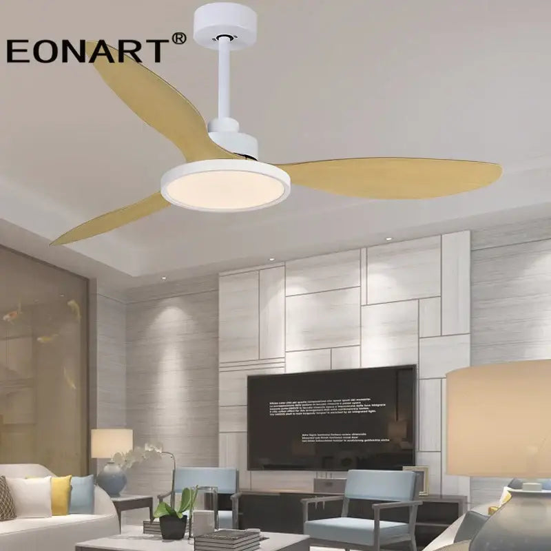 Modern black and dark brown eonart ceiling fan with white housing, golden plastic blade ceiling, remote control, and bedroom light