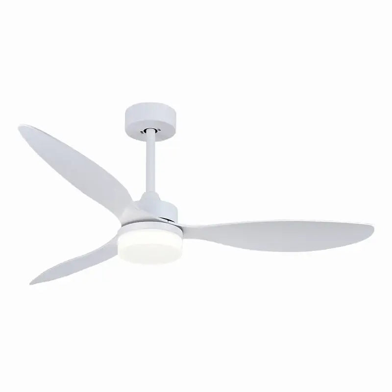 White ceiling fan with three sleek plastic blades and integrated LED light for bedroom use with remote control