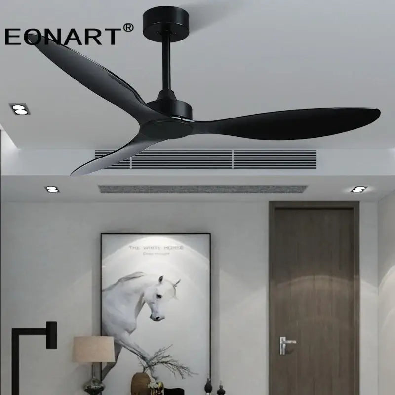 Modern black eonart ceiling fan with sleek plastic blade ceiling and remote control for bedroom lighting and comfort