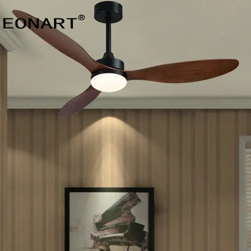 Eonart modern ceiling fan with three dark brown wooden blades black housing integrated light and remote control