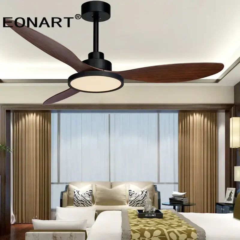 Modern black and dark brown plastic blade ceiling fan with remote control and integrated circular light fixture for bedroom