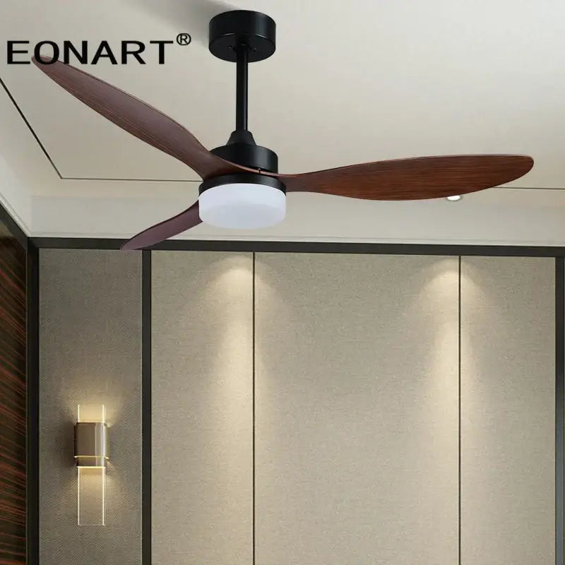Modern black and dark brown ceiling fan with remote control featuring three dark wood plastic blades and frosted light fixture
