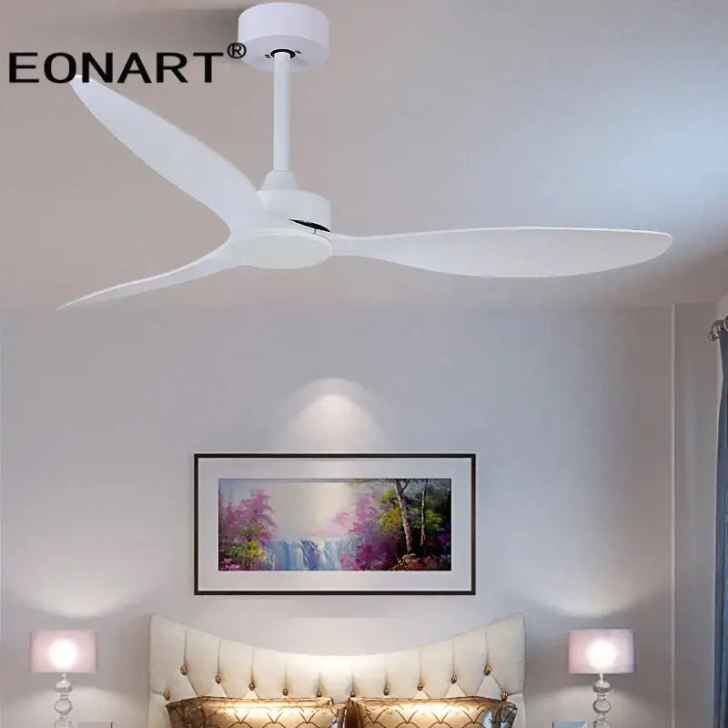 White eonart ceiling fan with sleek modern plastic blades in black and dark brown with remote control for bedroom use