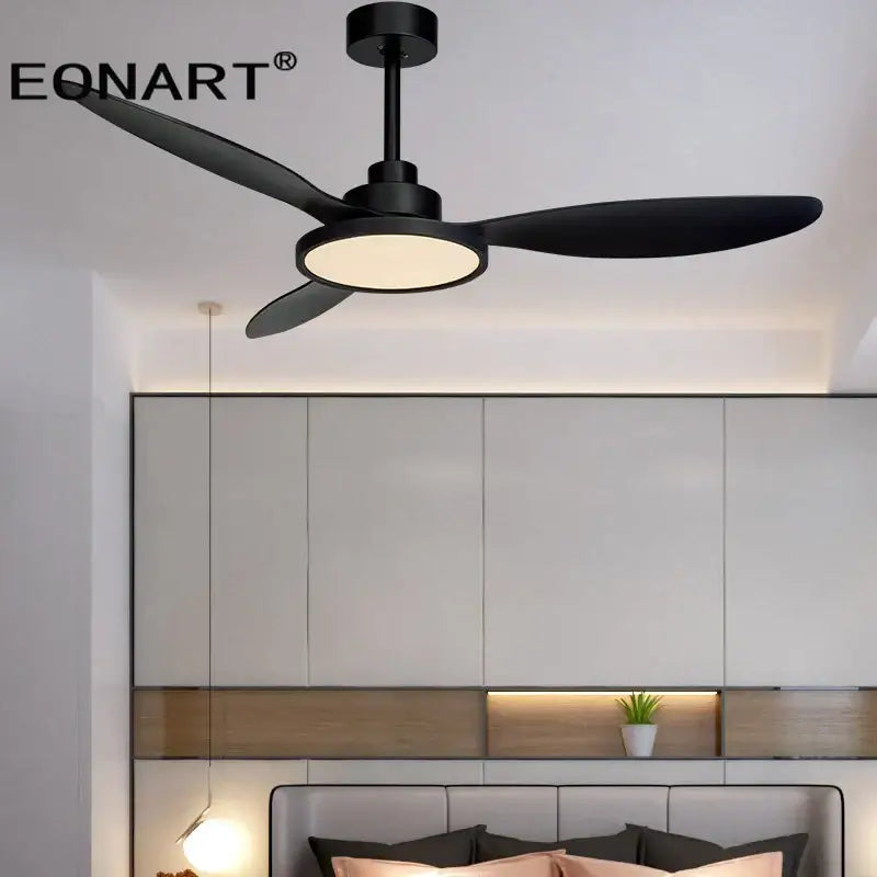 Modern black eonart ceiling fan with sleek plastic blade ceiling, integrated light, and remote control for bedroom use