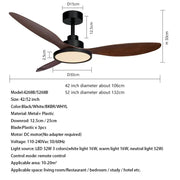 Modern black and dark brown ceiling fan with three wooden blades, integrated led light, and remote control for bedroom use