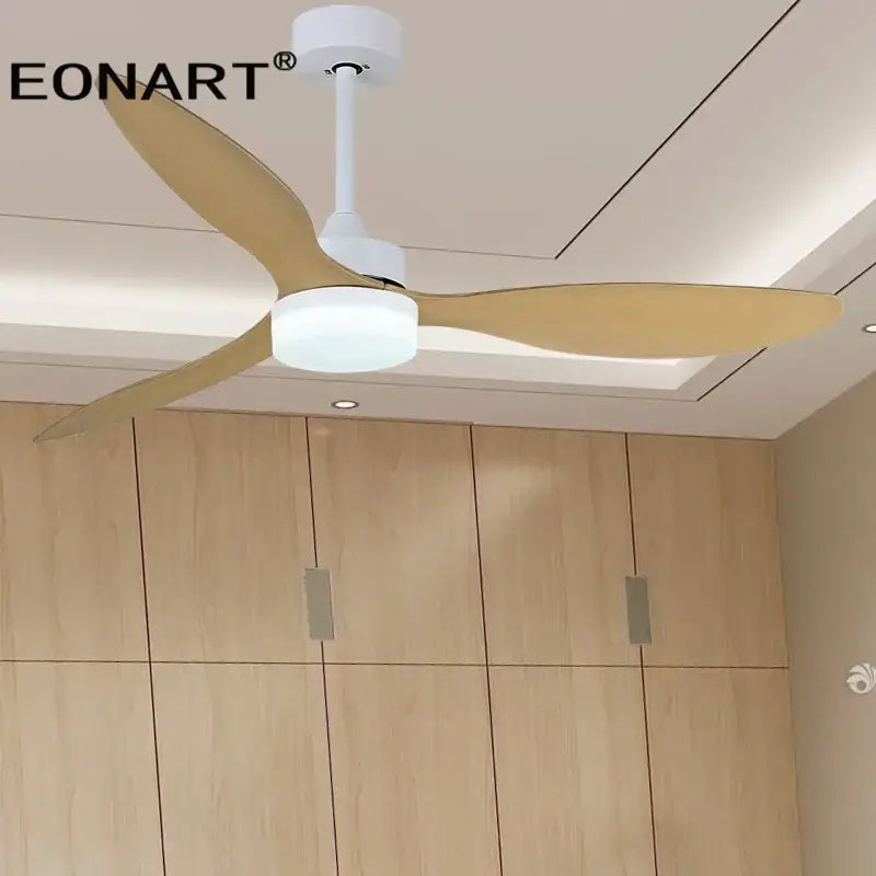 Modern white eonart ceiling fan with three light wood plastic blades and integrated led light with remote control